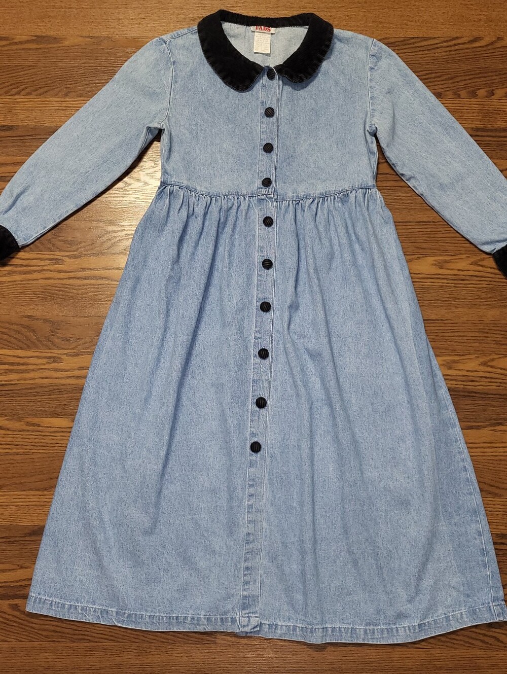Vintage RETRO FADS Long Sleeve Button-up Denim Blue Jean Dress Corduroy Trim 80s